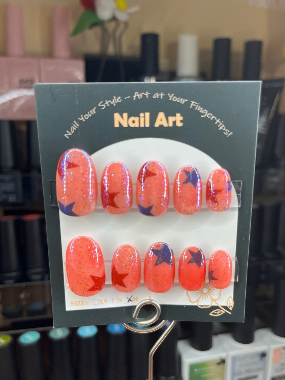 Nail Art Press-On Set - Coral w/ Star Accents and blue shimmer medium oval